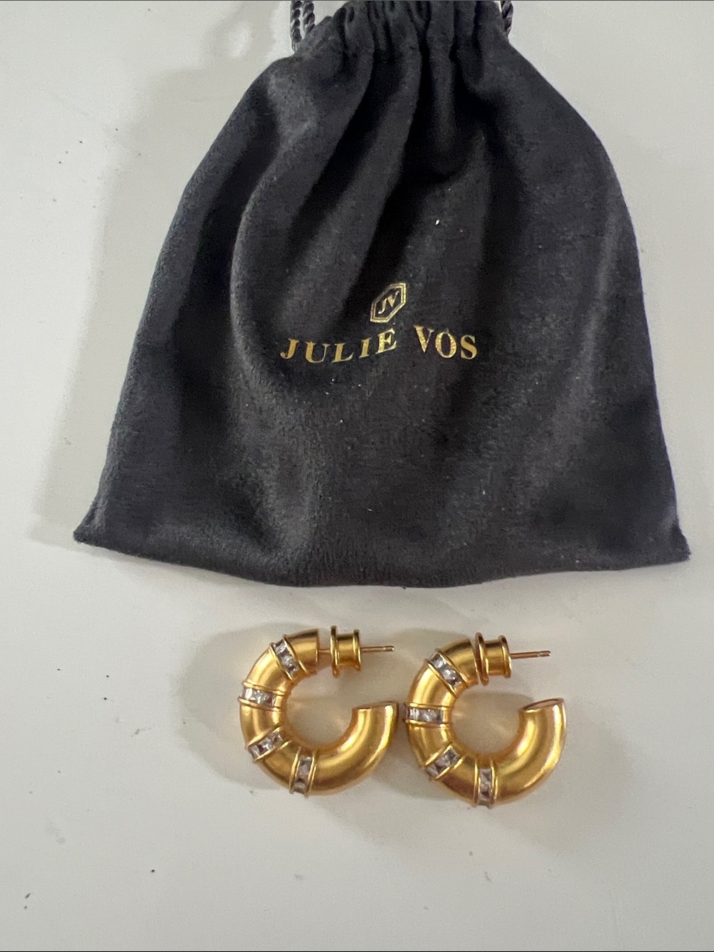 Julie Vos Gold Bamboo-Inspired Hoop Earrings with Crystal Bands